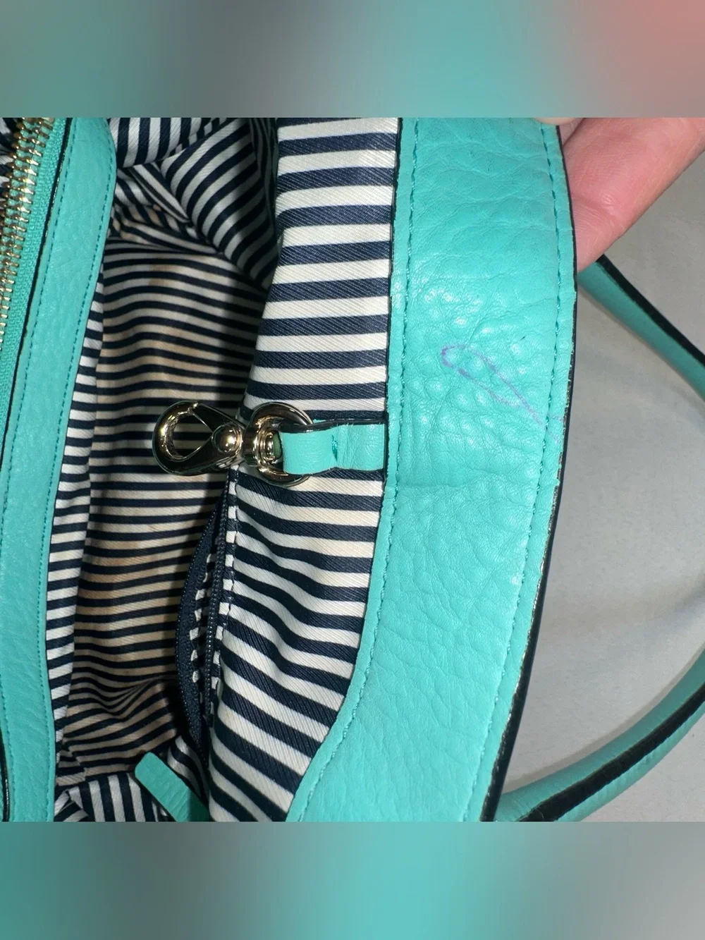 KATE SPADE Turquoise Satchel Purse Handbag Striped Interior Roomy